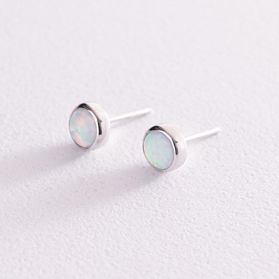 Золоті сережки-пусети "Сяйво" (синт. опал) 7 мм с05473 №3