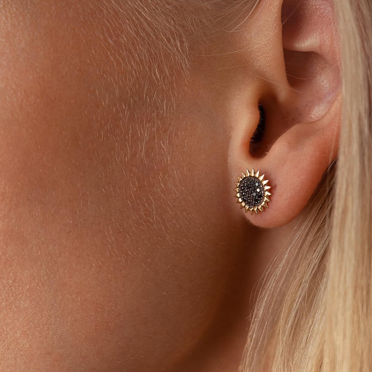 Золоті сережки - пусети "Соняшники" з чорними діамантами 326173122 від ювелірного магазину Онікс - 3