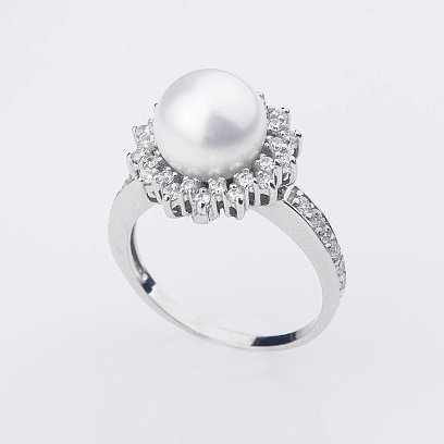 Золота каблучка з штучними перлами і фіанітами к01675ж