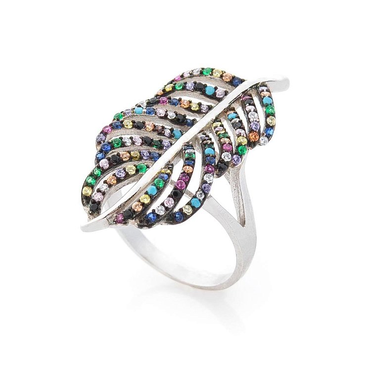 Срібний перстень "Листочок" (різнокольорові фіаніти) 112057 від ювелірного магазину Онікс