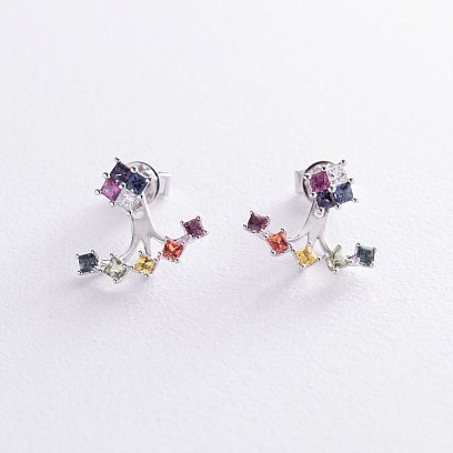 Золотые серьги - джекеты 2 в 1 (разноцветные сапфиры, бриллианты) сб0454nl №2