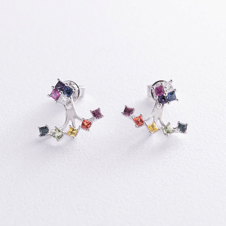 Золотые серьги - джекеты 2 в 1 (разноцветные сапфиры, бриллианты) сб0454nl от ювелирного магазина Оникс - 1