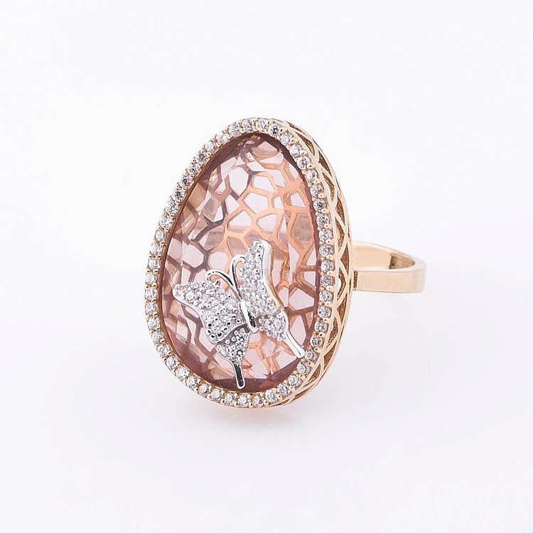 Золотое кольцо "Бабочка" с фианитами к03888 от ювелирного магазина Оникс - 1