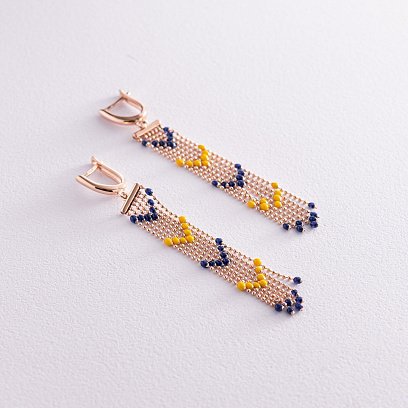 Патріотичні сережки з ланцюжками у червоному золоті (синя та жовта емаль) с08121