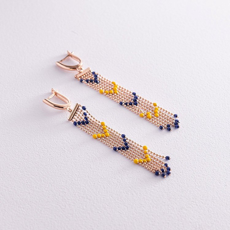 Патріотичні сережки з ланцюжками у червоному золоті (синя та жовта емаль) с08121 від ювелірного магазину Онікс