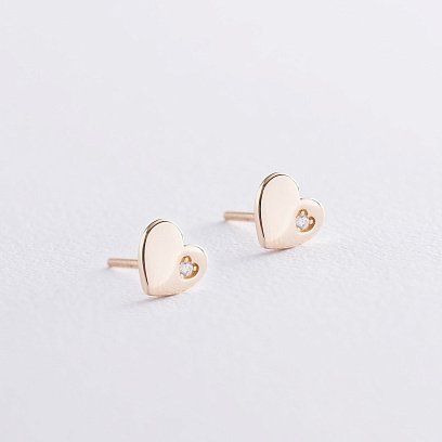 Серьги "Сердечки" в желтом золоте с фианитами с06804