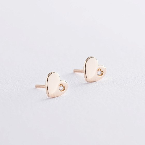 Серьги "Сердечки" в желтом золоте с фианитами с06804