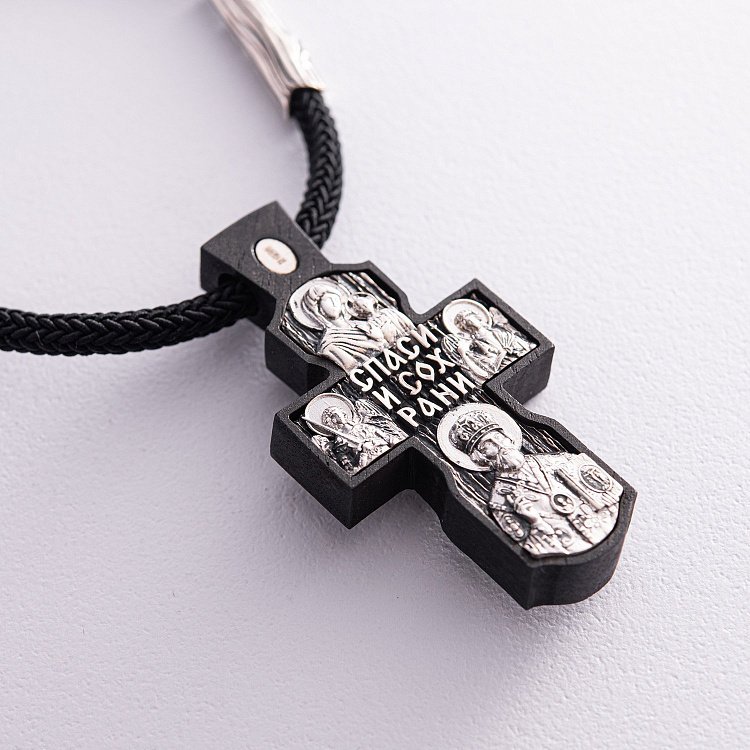 Серебряный крест  "Распятие. Спаси и Сохрани" на шнурке (эбеновое дерево) 819 от ювелирного магазина Оникс - 8
