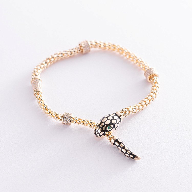 Браслет "Змея" в желтом золоте (фианит, эмаль) б04514 от ювелирного магазина Оникс