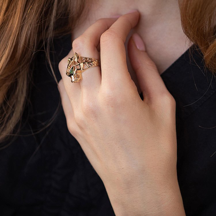 Каблучка "Пантера" в жовтому золоті (фіаніти) к07335 від ювелірного магазину Онікс - 5