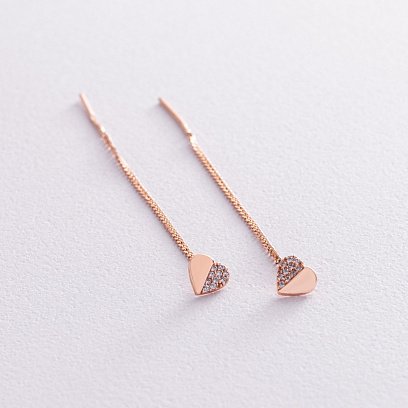 Золотые серьги - протяжки "Сердечки" с фианитами с05188