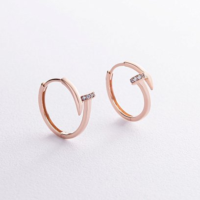 Серьги - кольца "Гвоздь" в красном золоте (фианиты) с08344