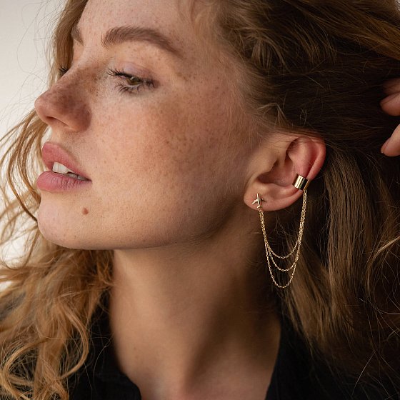 Серьга - каффа "Самолет" в желтом золоте с цепочками с08385 №3