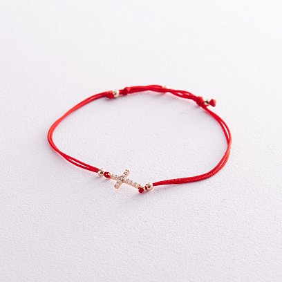 Золотой браслет "Крестик" с красной нитью (фианиты) б02856
