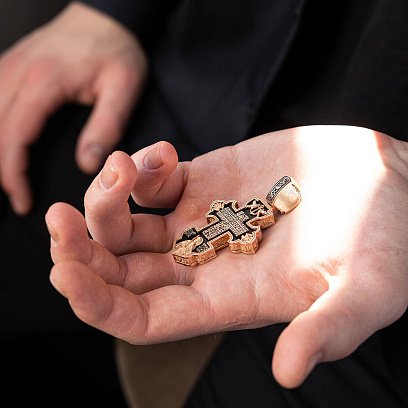 Чоловічий православний хрест "Розп'яття. Врятуй та Збережи" з ебенового дерева та золота 1003 №3