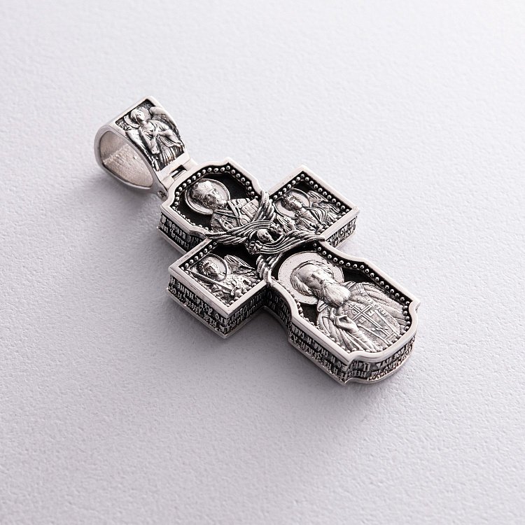 Серебряный крест "Господь. Архангелы Михаил и Гавриил. Ангел Хранитель. Святитель Николай. Сергий Радонежский" с эбеновым деревом 980 от ювелирного магазина Оникс - 4