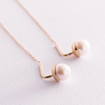 Золотые серьги - протяжки с жемчугом с07654 №3