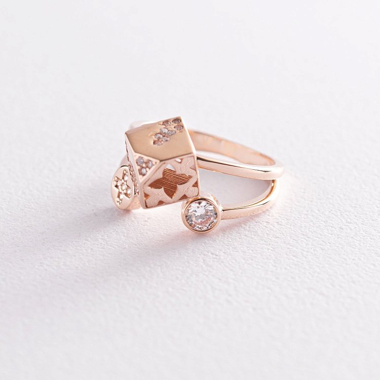 Золота каблучка "Квіточки-серце-конюшина" з фіанітами к05198 від ювелірного магазину Онікс - 1