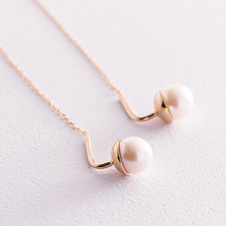 Золотые серьги - протяжки с жемчугом с07654 от ювелирного магазина Оникс - 2