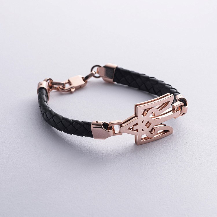 Мужской золотой браслет "Герб Украины - Тризуб" (кожа) 533382400 от ювелирного магазина Оникс - 2