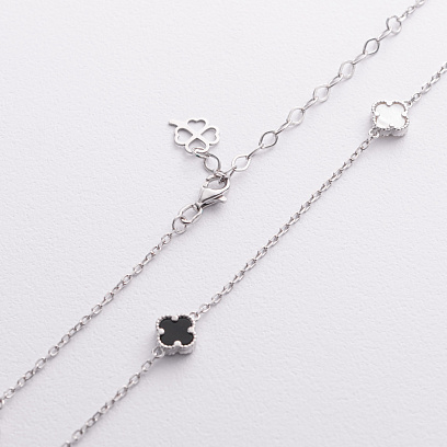 Серебряное колье "Клевер" (оникс, перламутр) 181356 №2