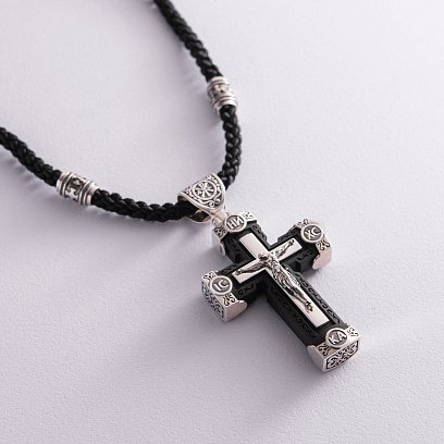 Мужской православный крест на шнуре из эбенового дерева и серебра 181183 №4