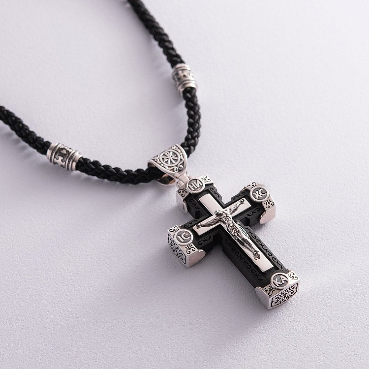 Мужской православный крест на шнуре из эбенового дерева и серебра 181183 от ювелирного магазина Оникс - 3