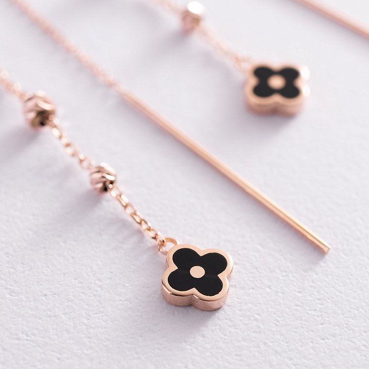 Золотые серьги - протяжки "Клевер" (эмаль) с07613 от ювелирного магазина Оникс - 2