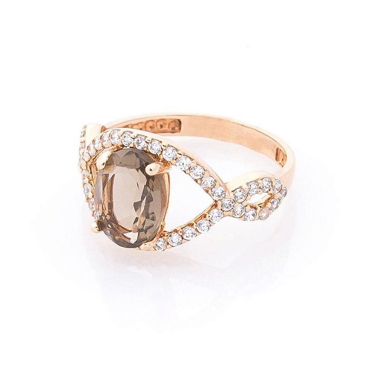 Золотое кольцо (дымчатый кварц, фианиты) к02371 от ювелирного магазина Оникс - 2