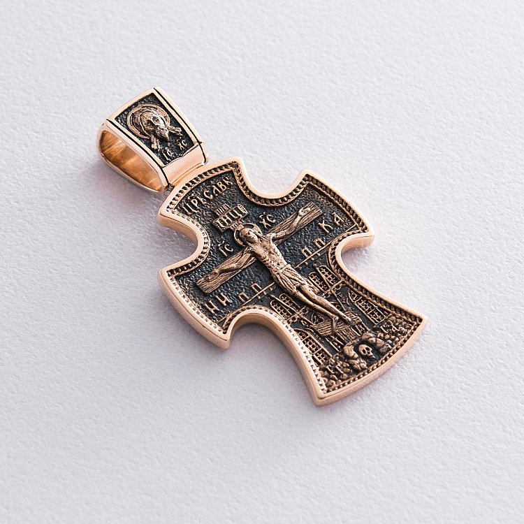 Золотой крест с чернением"Распятие. Николай Чудотворец" п03264 от ювелирного магазина Оникс
