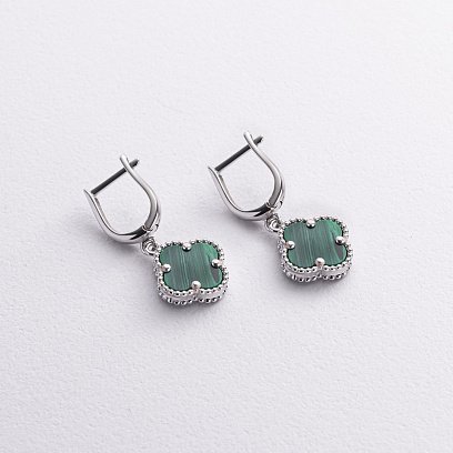 Золотые серьги "Клевер" с малахитом с09294 №2