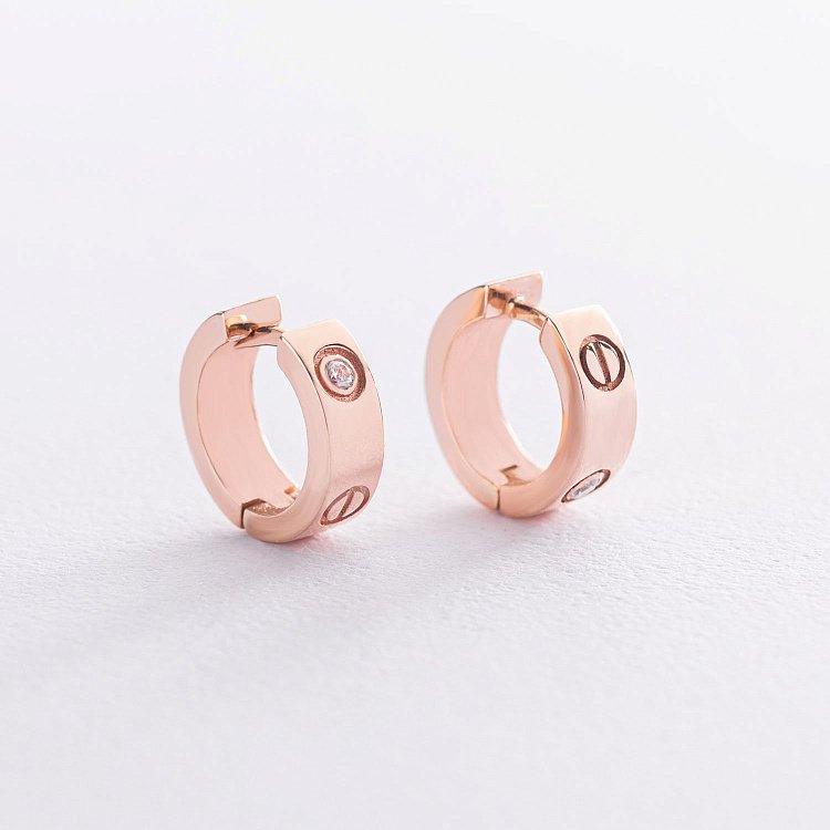 Серьги - кольца "Love" в красном золоте (фианиты) С1004 от ювелирного магазина Оникс