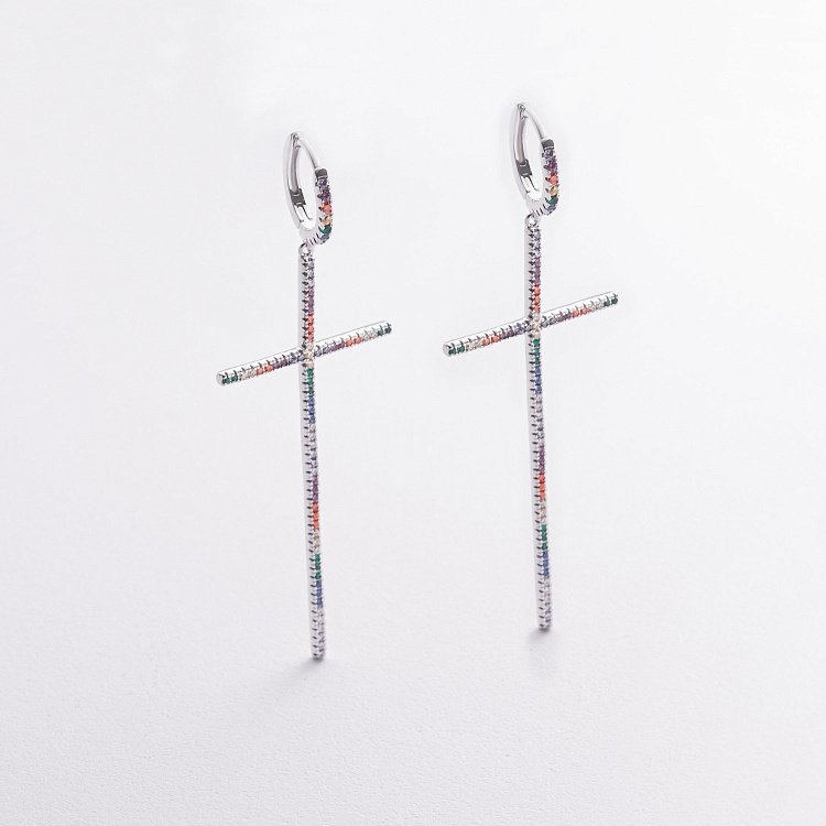 Срібні сережки "Хрестики" з різнокольоровими фіанітами 123484 від ювелірного магазину Онікс