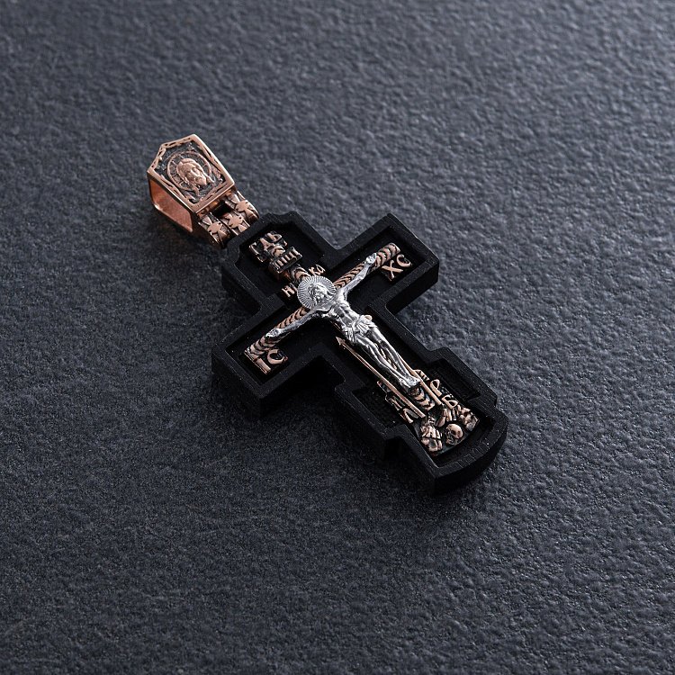 Золотой крест "Распятие. Пресвятая Богородица" с эбеновым деревом 632з от ювелирного магазина Оникс - 5