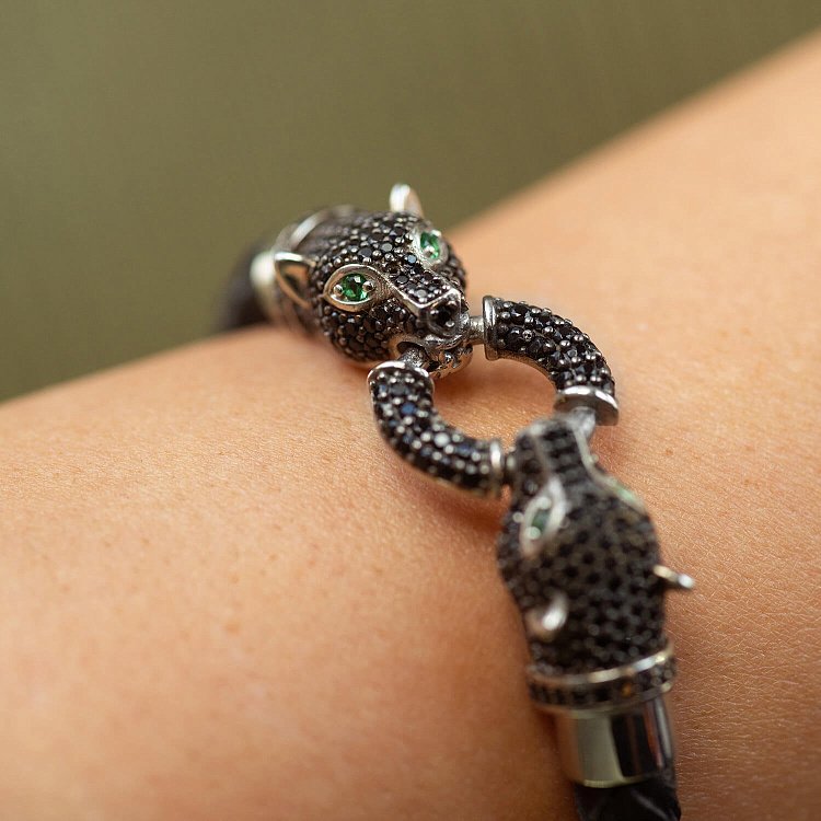 Серебряный браслет "Пантера" с фианитами (кожа) 565L от ювелирного магазина Оникс - 5