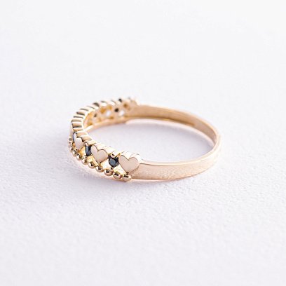 Каблучка "Сердечки" в жовтому золоті (чорні фіаніти) к07059 №5