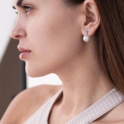 Срібні сережки з перлами і фіанітами 2458/1р-PWT №2