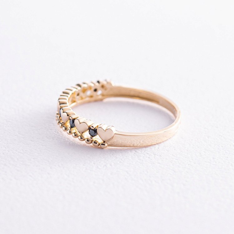 Каблучка "Сердечки" в жовтому золоті (чорні фіаніти) к07059 від ювелірного магазину Онікс - 4