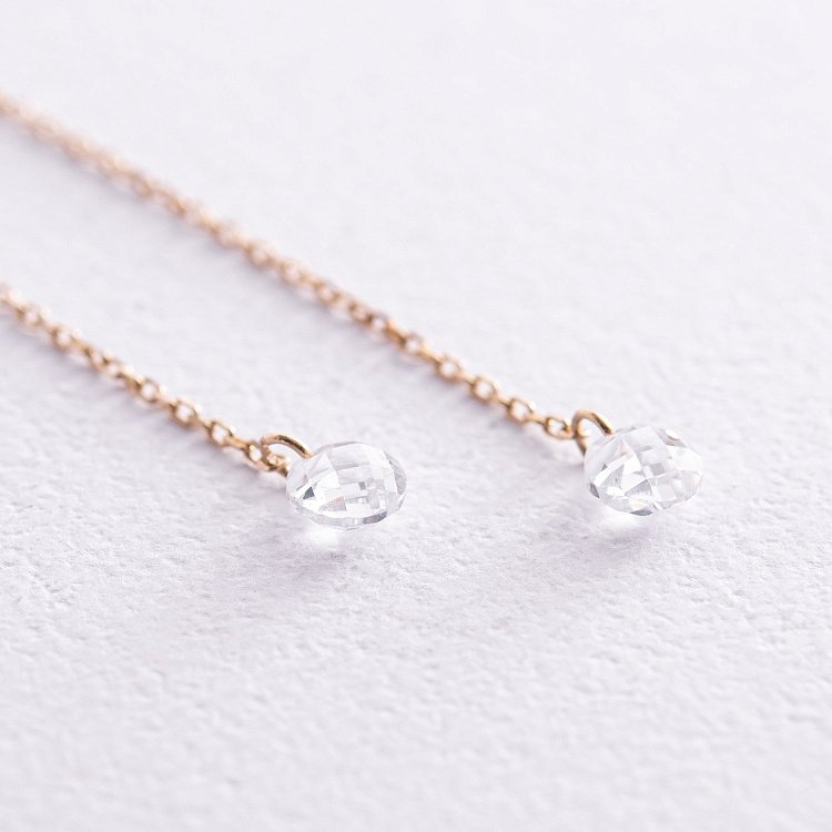 Сережки - пусети "Фіаніт на ланцюжку" у жовтому золоті с08021 від ювелірного магазину Онікс - 5