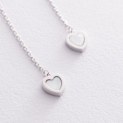 Серьги - протяжки "Сердечки" с перламутром (белое золото) с08577 №3