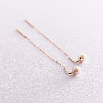 Золотые серьги - протяжки с жемчугом с07654 №2