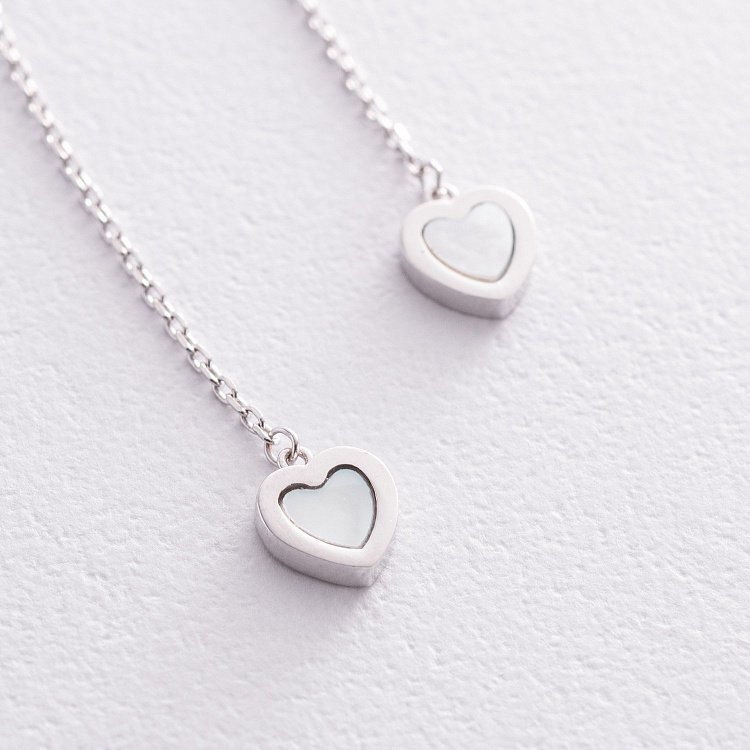 Серьги - протяжки "Сердечки" с перламутром (белое золото) с08577 от ювелирного магазина Оникс - 2