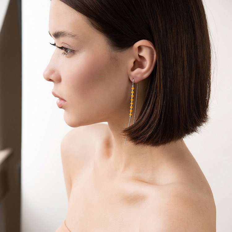 Серебряные серьги - протяжки с желтыми камнями 123078 от ювелирного магазина Оникс - 1