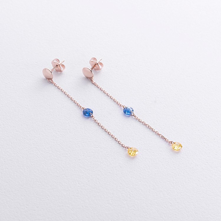 Висячие золотые серьги - пусеты "Украинка" (голубые и желтые фианиты) с08100 от ювелирного магазина Оникс