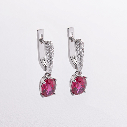 Срібні сережки з синт. рубінами та фіанітами 2915/9p-HRUB