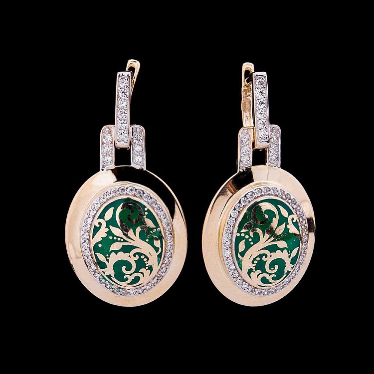 Золотые серьги с эмалью и фианитами с03726 от ювелирного магазина Оникс - 2