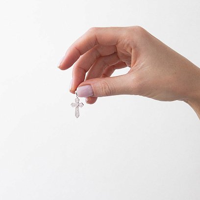 Серебряный крестик с фианитами (родий) 131992 №2