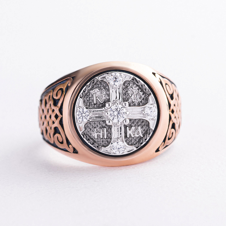 Золотое мужское кольцо-печатка (чернение) к08443 от ювелирного магазина Оникс - 4