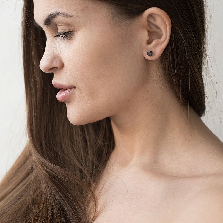 Золотые серьги - пусеты (кварц дымчатый) с06673 от ювелирного магазина Оникс - 4