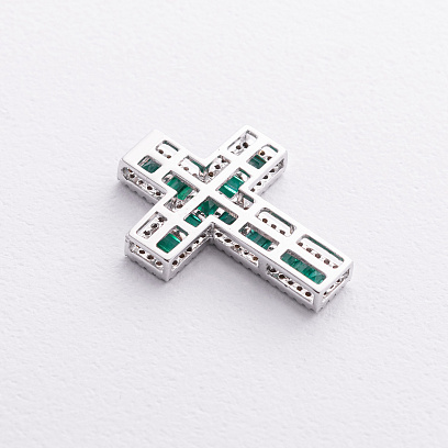 Крестик в белом золоте (бриллианты, изумруды) пб0396ca №2
